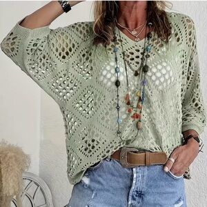 Bohemian Sage Green Openwork Crochet Knit Sweater V-Neck Batwing Sleeve Size L